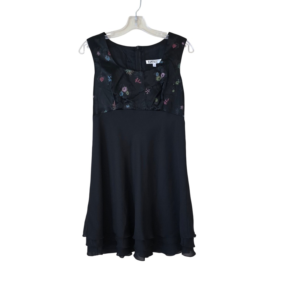 Rampage Vintage 90s Black Floral Satin Tiered Chiffon Mini Dress 7 y2k